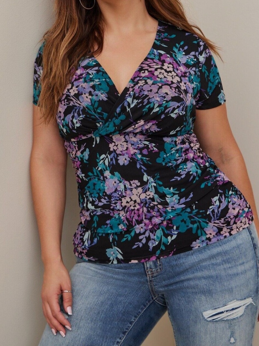torrid Black Floral Wrap-Style Top with Teal & Lilac Blooms Size 2 NWT